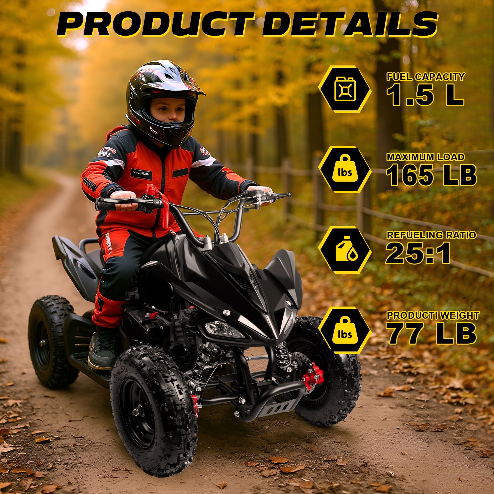 Ktoebyco 49cc 2-Stroke Gas Mini ATV for Kids, Air-Cooled Engine, Pull Start, 6" Steel Wheels, Disc Brakes