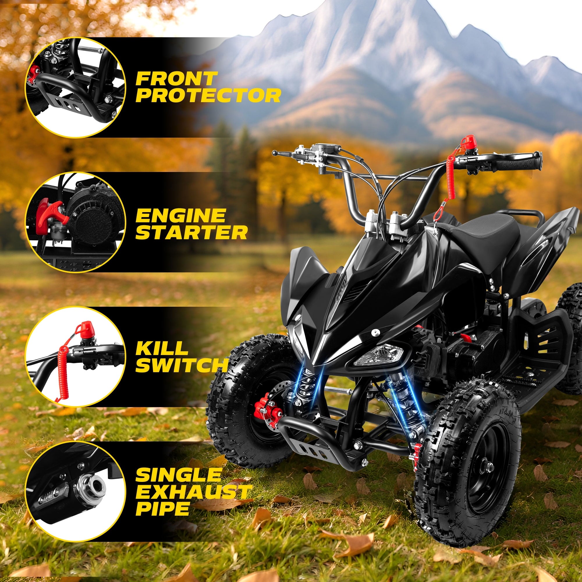 Ktoebyco 49cc 2-Stroke Gas Mini ATV for Kids, Air-Cooled Engine, Pull Start, 6" Steel Wheels, Disc Brakes