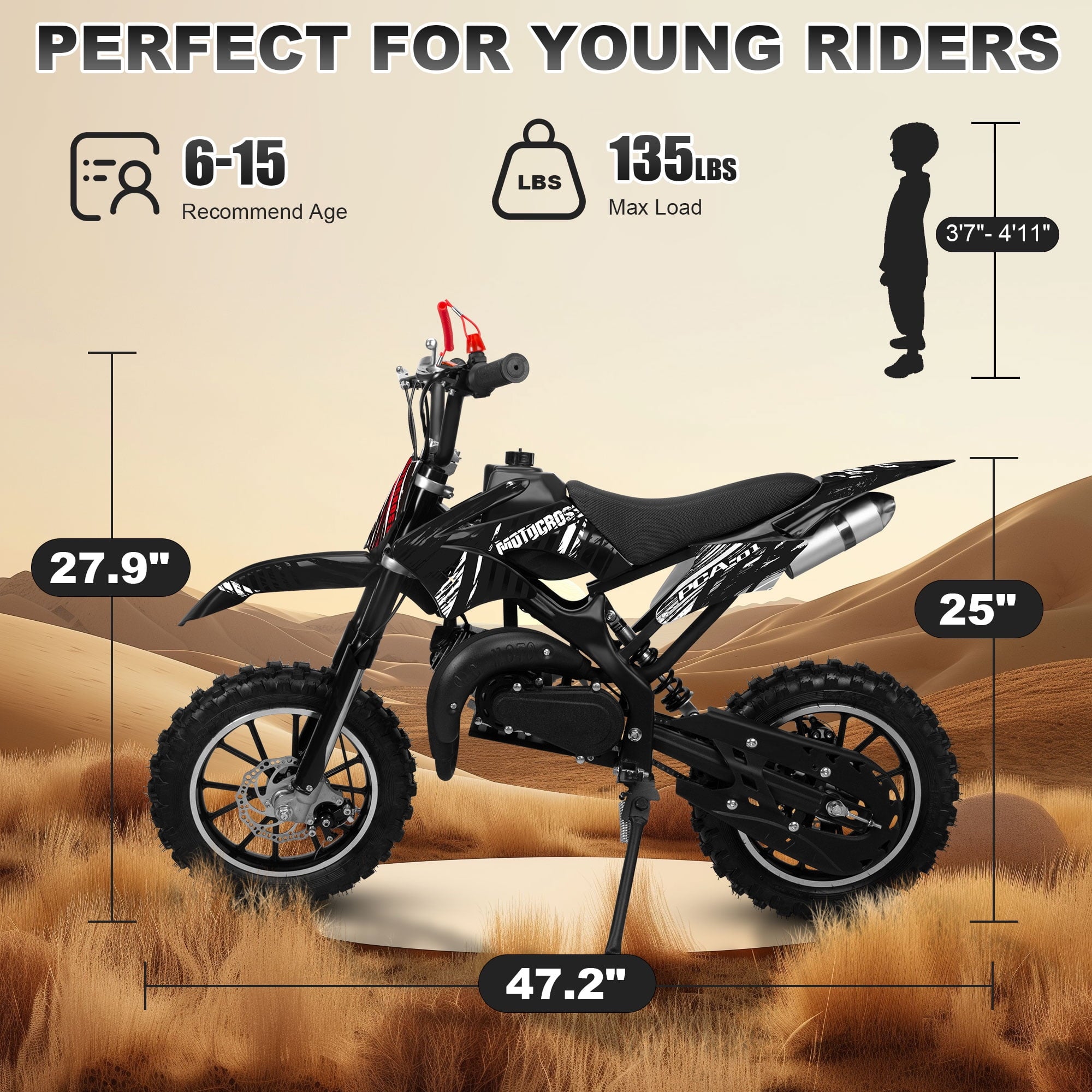 Gpower Gasoline 49cc Dirt Bike for Kids 6-15,2-Stroke Gas Power Mini Dirt Bike,Black