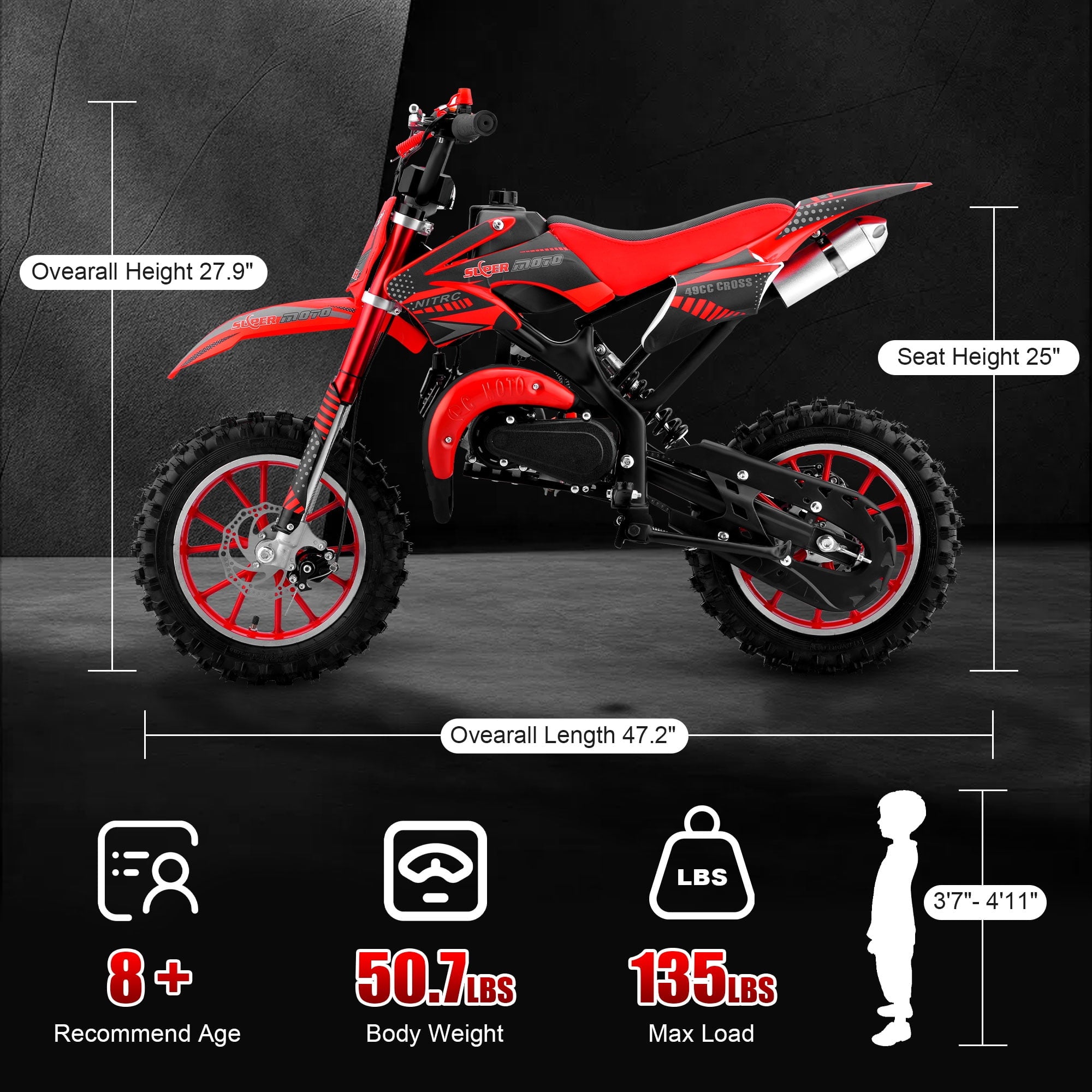 Ktoebyco 49cc Kids Mini Dirt Bike, 2-Stroke Gas-Powered Motorcycle, 1.5L Fuel Capacity,Red