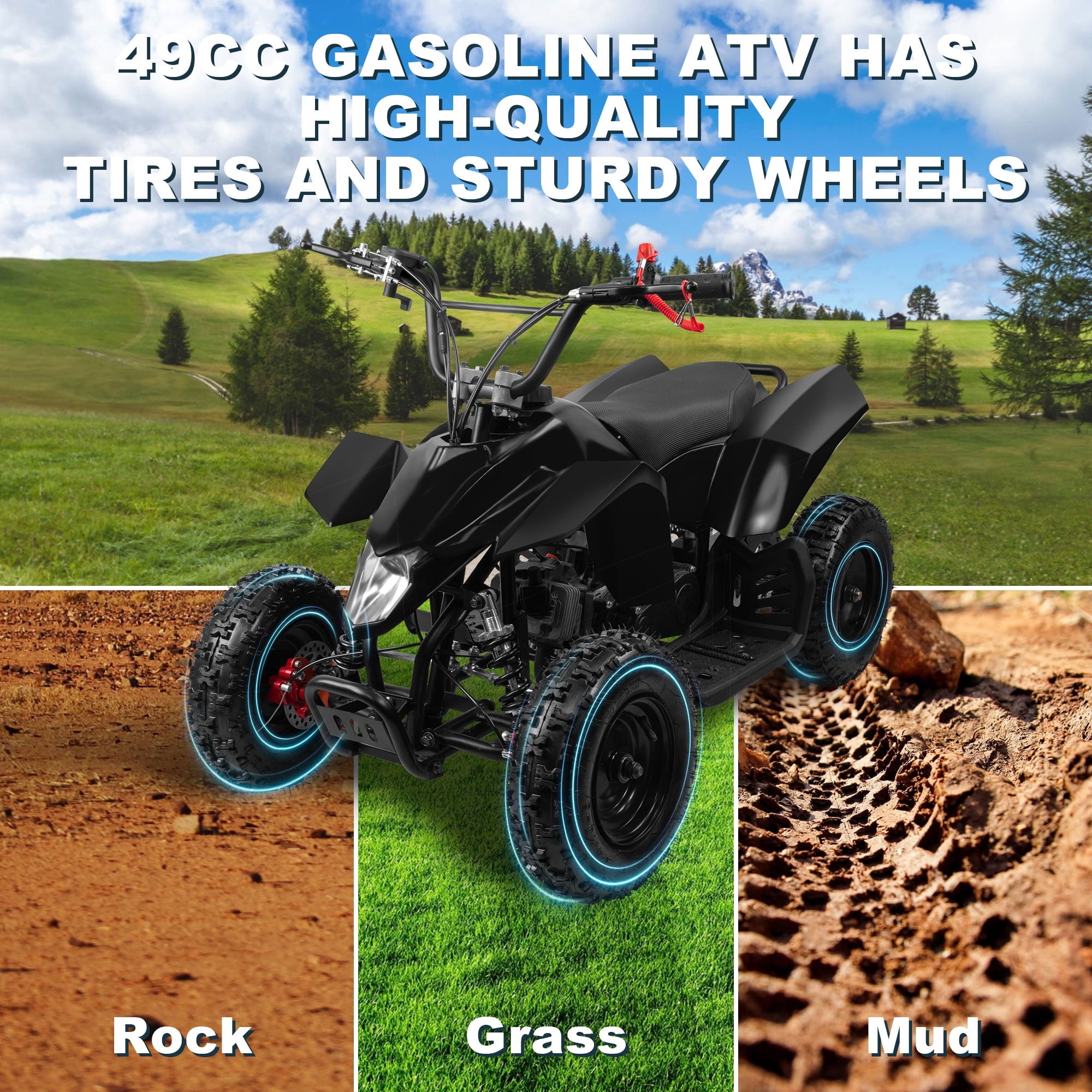 Ktoebyco 49cc Kids Gas Mini ATV for Ages 5–13, Pull Start 2-Stroke Quad Bike 4 Wheeler with Disc Brakes