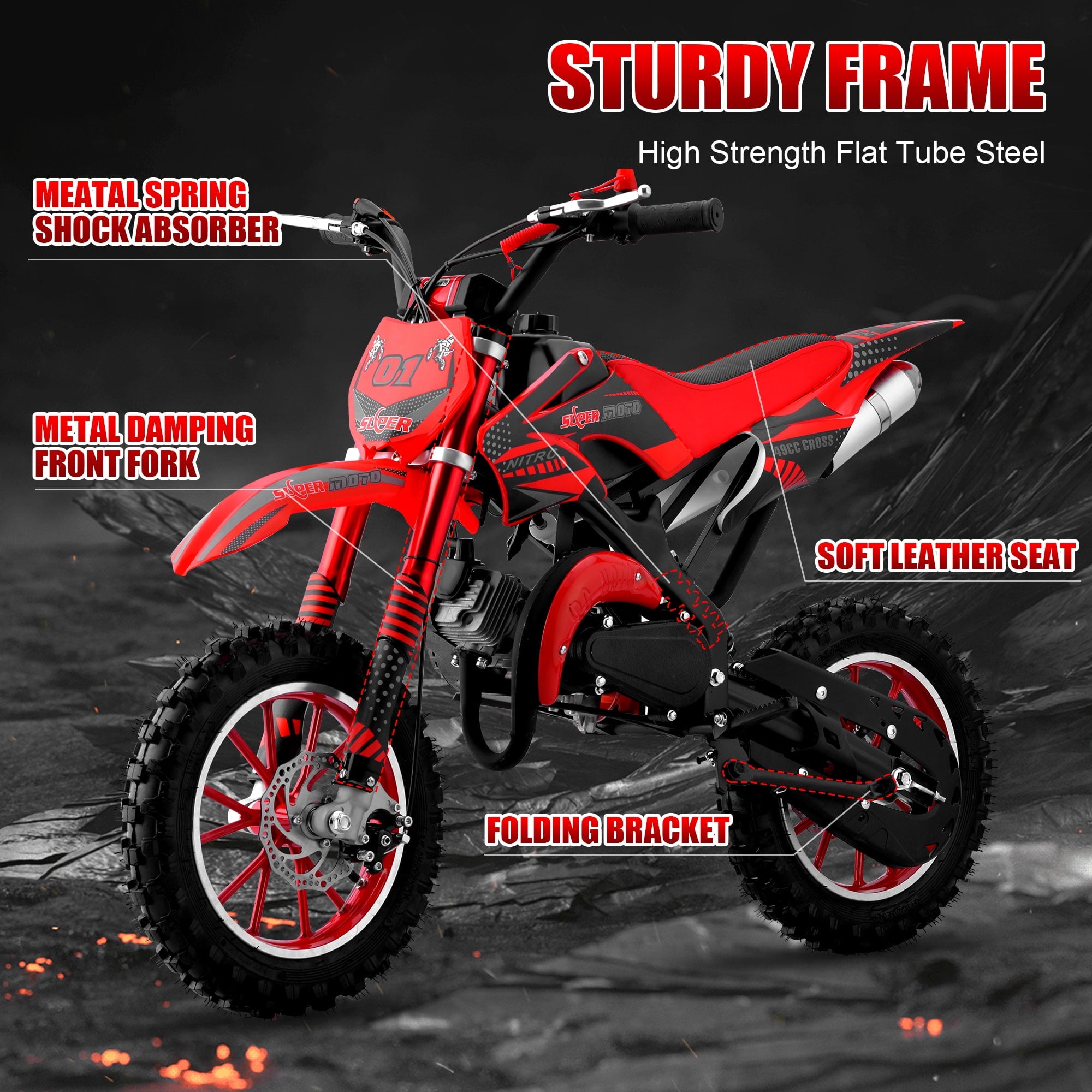 Ktoebyco 49cc Kids Mini Dirt Bike, 2-Stroke Gas-Powered Motorcycle, 1.5L Fuel Capacity,Red