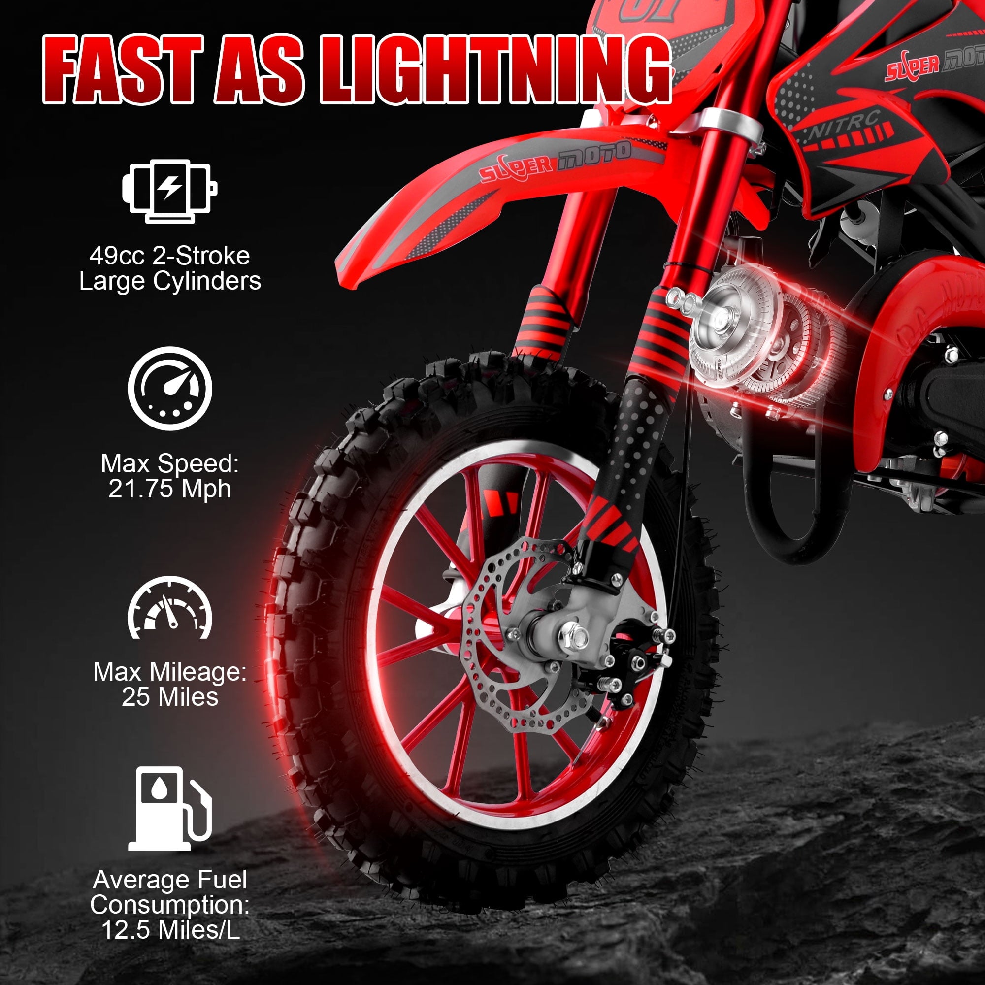 Ktoebyco 49cc Kids Mini Dirt Bike, 2-Stroke Gas-Powered Motorcycle, 1.